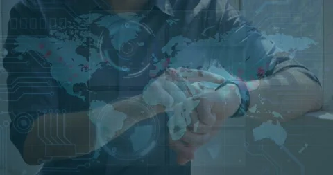 Animation of data processing on screens over caucasian man checking smartwatch Stock Footage 325770688