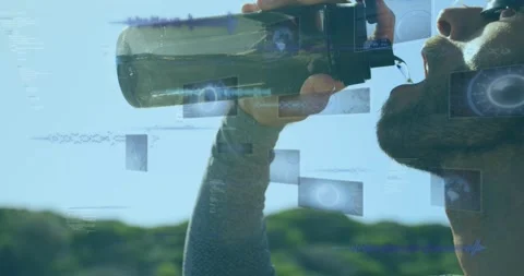 Animation of data processing on screens over fit caucasian man drinking water Stock Footage 326297220