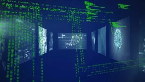 Animation of data processing on screens over 3d dna strand spinning Stock Footage 328407142