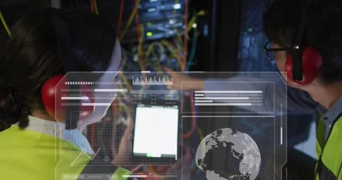 Animation of data processing on screens over diverse woman and man checking Stock Footage 328581929