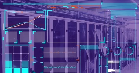 Animation of data processing on screens over computer servers Stock Footage 329511004