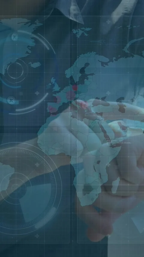Animation of data processing on screens over caucasian man checking smartwatch Stock Footage 341991319