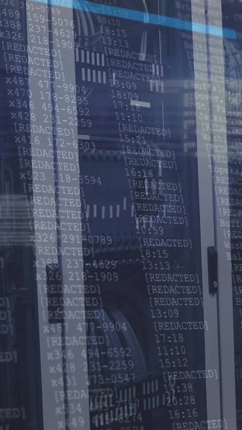 Animation of data processing on screens over tech room with computer servers Video stock 342004175