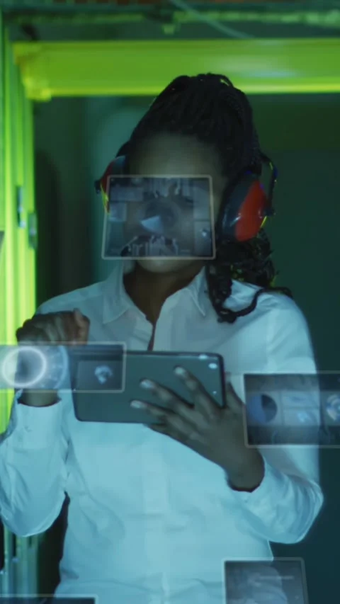 Animation of data processing on screens over african american woman working in Stock Footage 342594100
