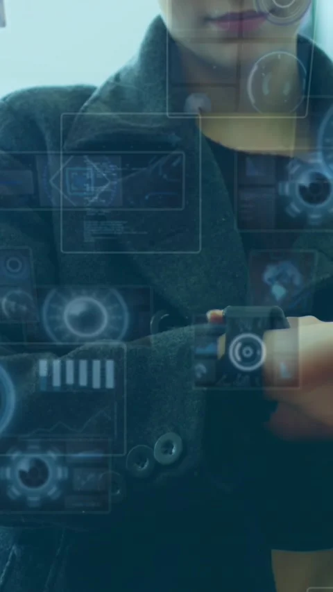Animation of data processing on screens over caucasian woman checking smartwatch Stock Footage 342953553