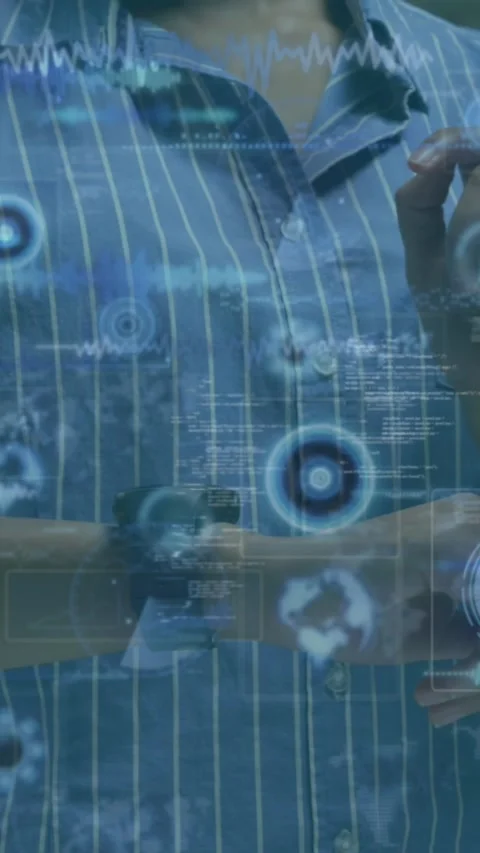 Animation of data processing on screens over caucasian woman checking smartwatch Stock Footage 343027842