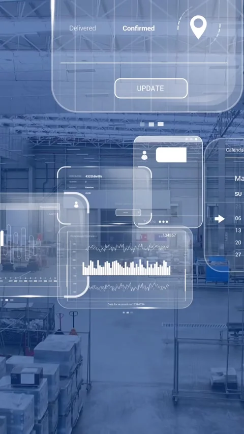 Animation of data processing on screens over warehouse Stock Footage 343609298