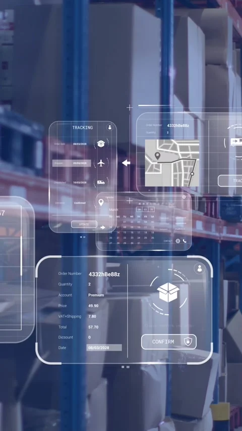 Animation of data processing on screens over warehouse Stock Footage 343609303