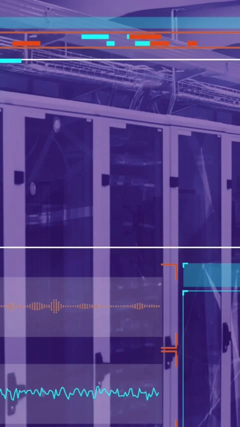 Animation of data processing on screens over computer servers Stock Footage 343615296