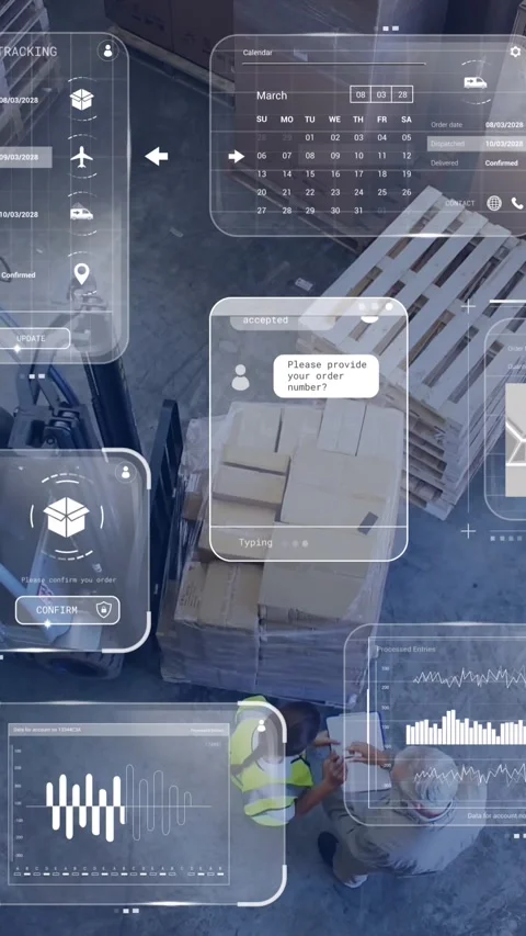 Animation of data processing on screens over warehouse Stock Footage 343641059