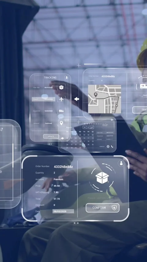 Animation of data processing on screens over diverse people working in warehouse Stock Footage 343679693