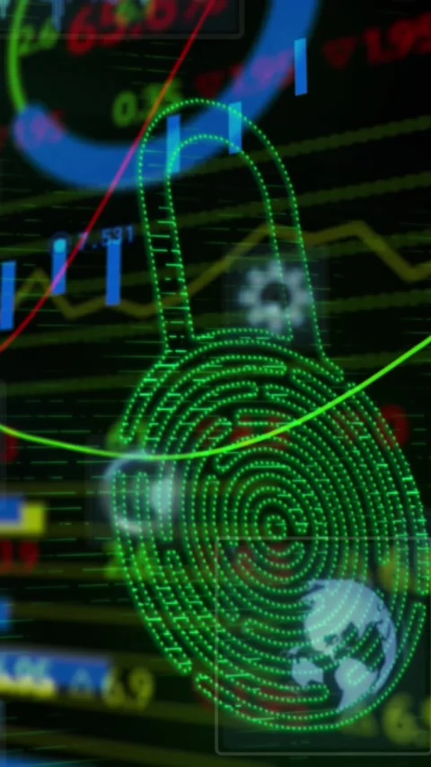 Animation of data processing with security padlock over dark background Stock Footage 343083689