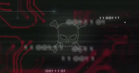 Animation of data processing with skull symbol over computer circuit board on Stock-Footage 329423101