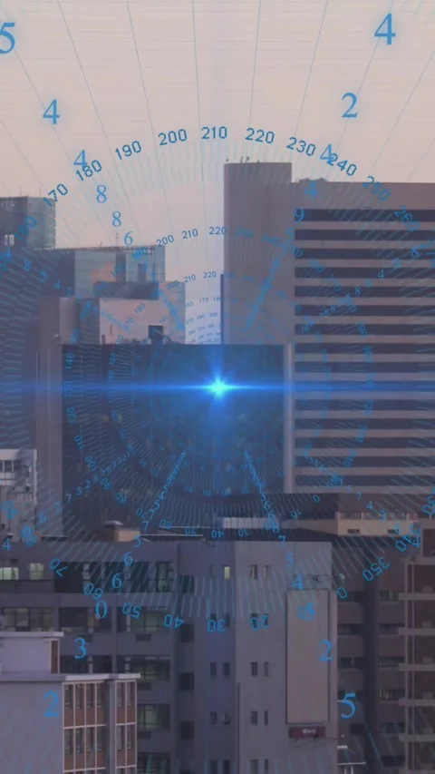 Animation of data processing spinning around blue light spot against aerial view 動画素材 321323753