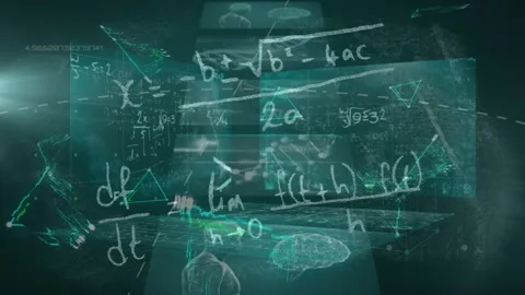 Animation of data processing, triangles and math formulas on green background Stock Footage 329704123