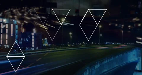 Animation of data processing with triangles over cityscape Stock Footage 325703863