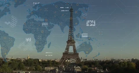 Animation of data processing with world map over paris cityscape Stock Footage 236964778