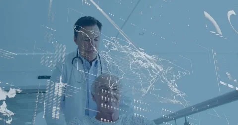 Animation of data processing with world map over diverse doctor and patient at Stock Footage 330287857