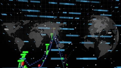 Animation of data processing with world map and globe over graph on black Stock Footage 330336670