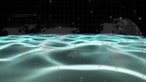 Animation of data processing with world map and globe over waves on black Stock Footage 330735276