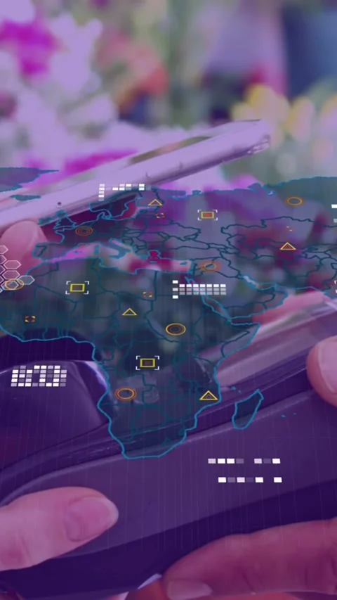 Animation of data processing with world map over diverse people paying with Stock Footage 343128360