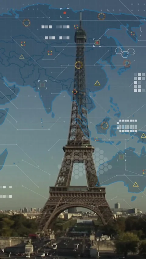 Animation of data processing with world map over paris cityscape 스톡 동영상 344369649