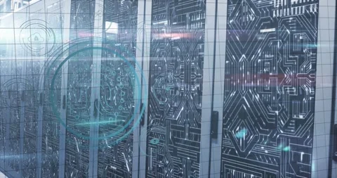 Animation of data protection over round scanner and microprocessor connections Vídeo Stock 241350623