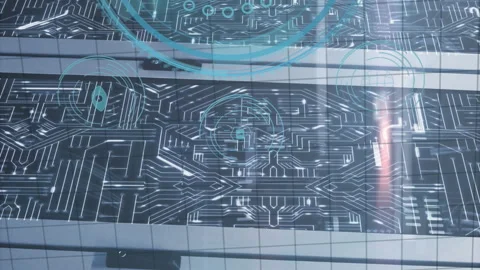 Animation of data protection over round scanner and microprocessor connections Stockbeeldmateriaal 312325140