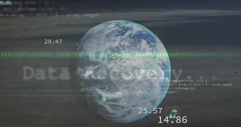Animation of data recovery text, icons and programming language against rotating 動画素材 330776289