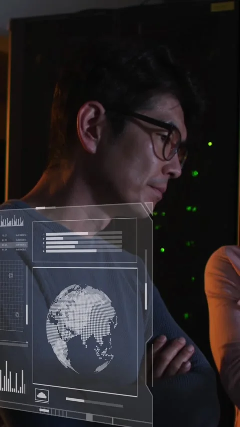 Animation of data on screens over diverse man and woman working in server room Stock Footage 342641949