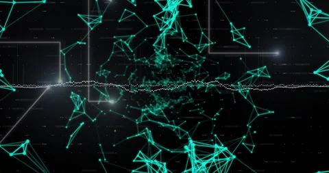 Animation of data stream processing over glowing green networks on black Stock Footage 264865522