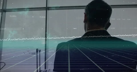 Animation of data stream processing over caucasian businessman talking on Stock Footage 266920387