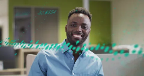 Animation of data stream processing over happy african american casual Stock Footage 266921561