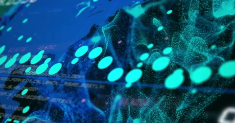 Animation of data stream processing over blue world map and network waves on Stock Footage 266922289