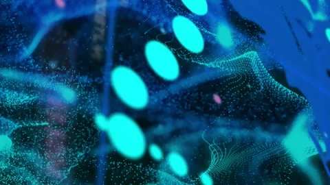 Animation of data stream processing over blue world map and network waves on Stock Footage 312899505