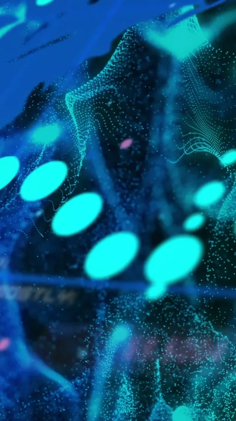 Animation of data stream processing over blue world map and network waves on Stock Footage 320513422