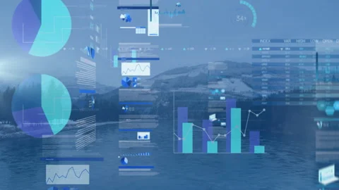Animation of data visualization graphics overlaying serene mountain lake Stock Footage 303528717