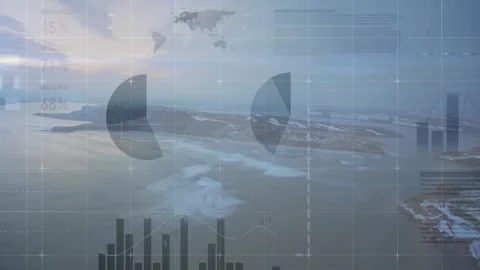 Animation of data visualization with graphs overlaying snowy landscape aerial Stock Footage 305863571