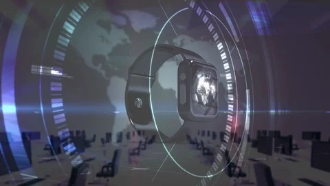 Animation of data with world map  and out of focus modern office in the Stock Footage 124584793