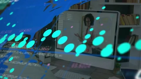 Animation of data, world map and numbers over african american woman on computer Stock Footage 327785059