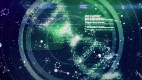 Animation of database, multiple molecules and illuminating dna helix over black 스톡 동영상 221955486