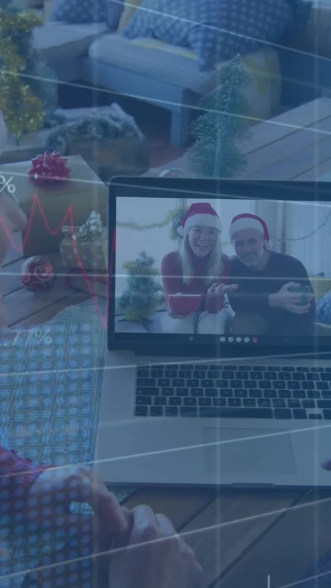 Animation of database over caucasian couple wearing santa hats talking with Vídeo Stock 343779550
