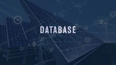 Animation of database text, connected dots and icons over solar panels and Stock Footage 247919829