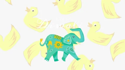 Animation of decorated elephant icon against duck icons in seamless pattern on Stock Footage 328523586