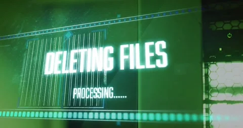 Animation of deleting files, processing text on interface over computer server Stock Footage 327356722
