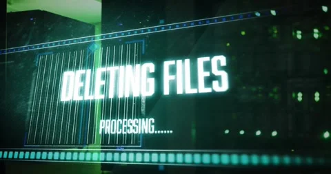 Animation of deleting files, processing text on interface over computer servers Stock Footage 327713617