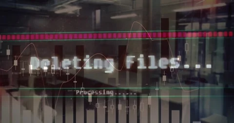 Animation of deleting files text over financial data processing and empty office Stock Footage 328254052