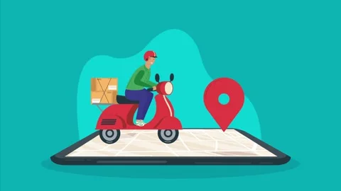 Animation of delivery driver riding a red scooter on a digital tablet scree.. Stock Footage 339214516