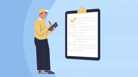 Animation of delivery man checking off items on clipboard checklist as logi.. Видео 338365699