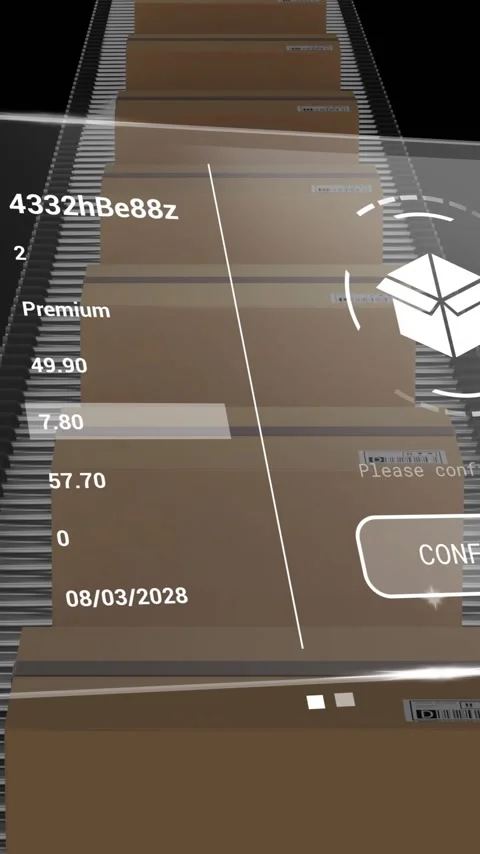 Animation of delivery screen with data over boxes on conveyor belt Stock Footage 341659894